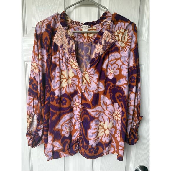 Sundance Tops - Sundance Medium Women's Blouse Puff Sleeve Purple Abstract Button V Neck